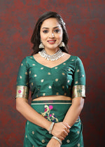 Thumbnail for Lorenvalley Fashion Green Soft Paithani Silk Woven Design Gold Zari Meenakari Weaving Saree - Distacart