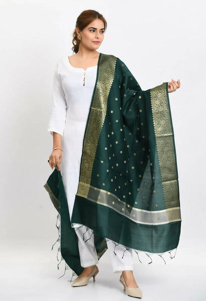 Mominos Fashion Moeza Women's Banarsi Silk Woven Design Bottle Green Dupatta - Distacart