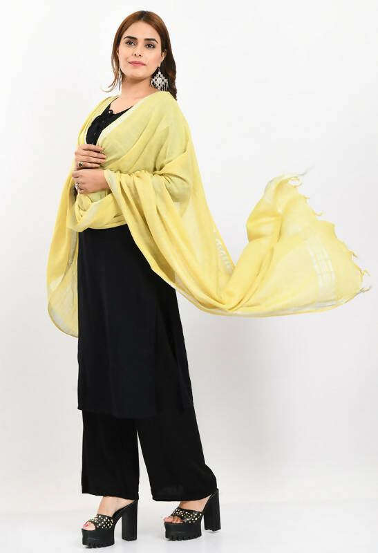 Mominos Fashion Moeza Women's Linen Cotton Silver Border Lemon Yellow Dupatta - Distacart