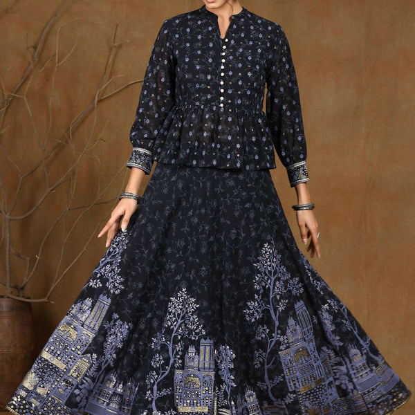 Juniper Women Black Georgette Printed Flared Lehenga Choli Sets - Distacart