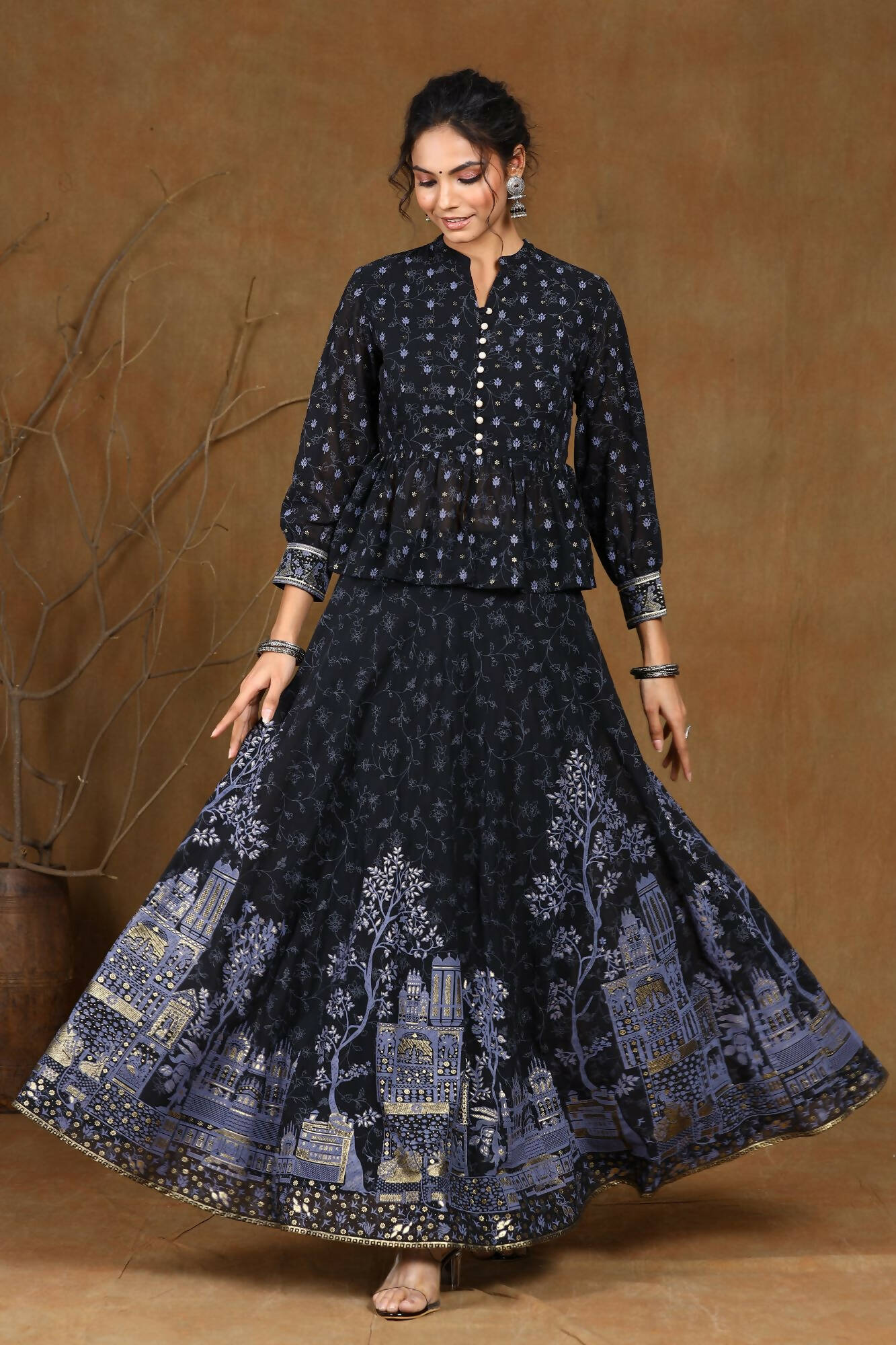 Juniper Women Black Georgette Printed Flared Lehenga Choli Sets - Distacart