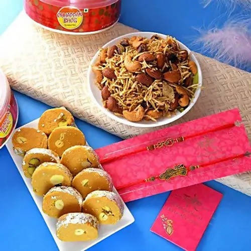 2 Antique Bro Rakhis & Dry Fruit Dalmoth Hamper