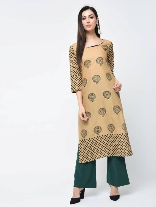 Aniyah Cotton Block Printed Beige Straight Kurta (AN-126K)