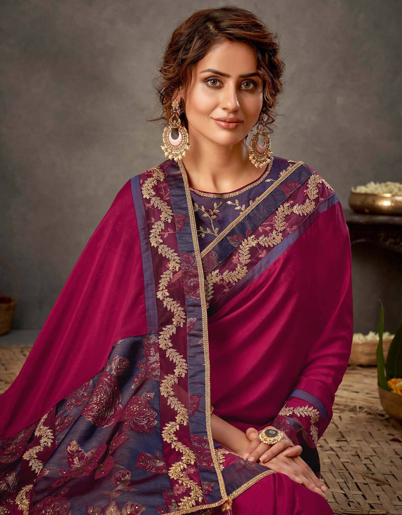 Deep Magenta And Purple Silk Georgette Cord And Sequins Embroidery Saree - Norita Arinya - Distacart