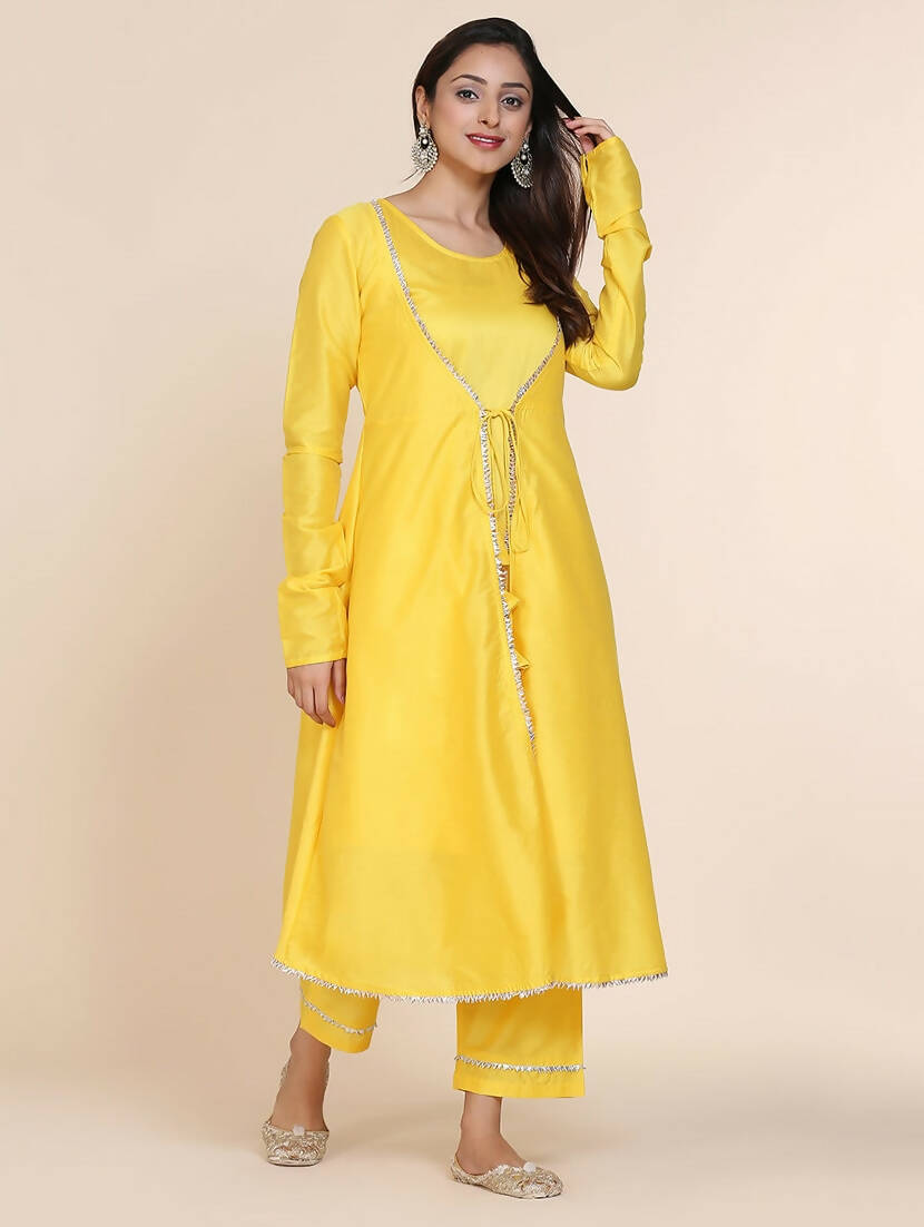 Cheera Women's Yellow Silk Blend With Gota Work Double Layer Dress With Silk Straight Pant Set - Distacart