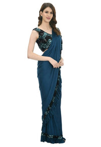 Thumbnail for Mominos Fashion All Season Wear Peacock Blue And Black Ruffled Ready To Wear Saree