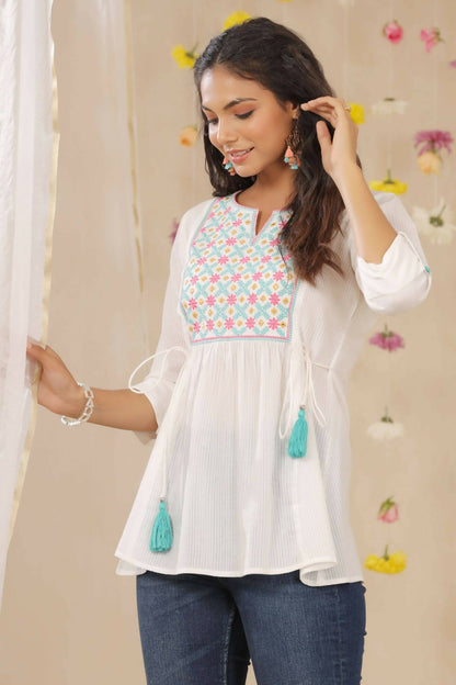 Juniper Women White Cotton Dobby Embroidered A-Line Tunic - Distacart