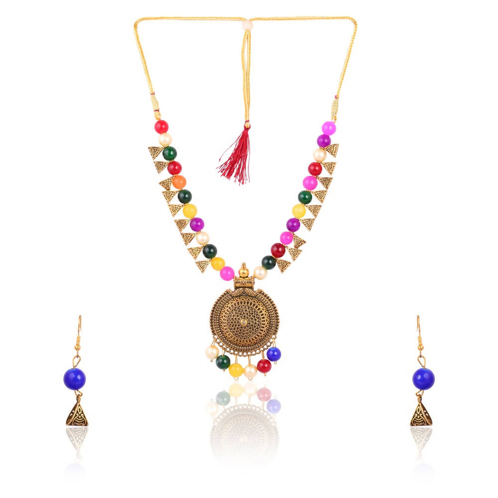 Tehzeeb Creations Multi Colour Pearl Necklace And Earrings With Golden Plated