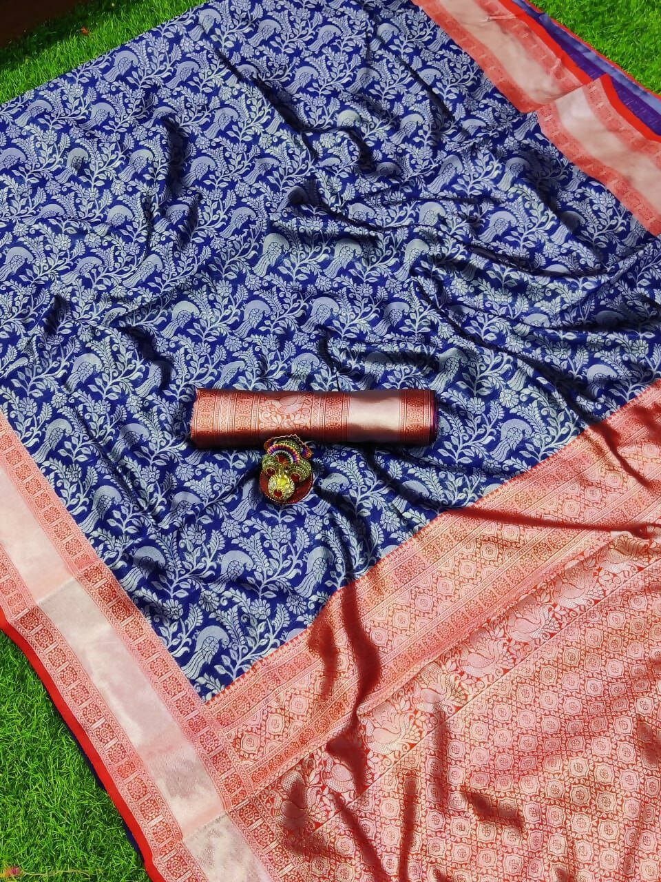 DEIANA'S Beautiful Golden Jari with New Design Soft Lichi Silk Saree - Blue - Distacart