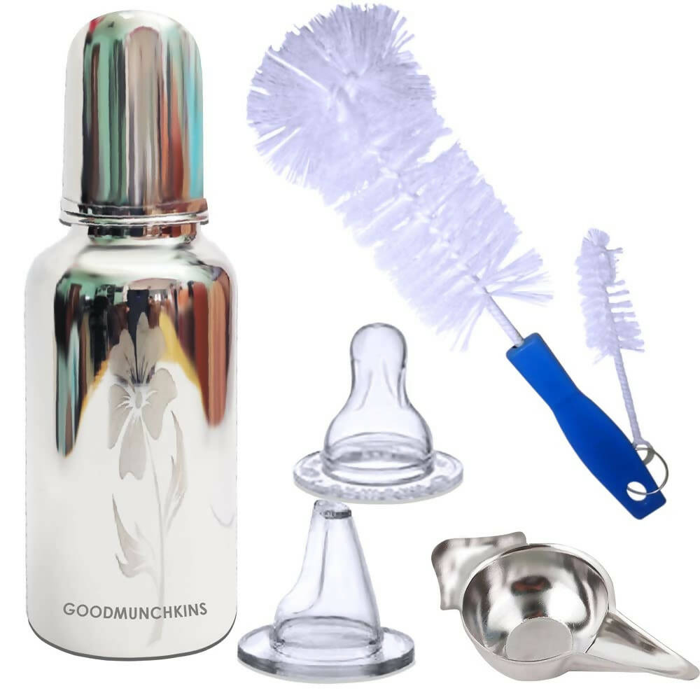 Goodmunchkins Stainless Steel Feeding Bottle with Bottle Cleaning Brush/Chakku/Anti Colic Silicone Nipple Combo-(220ml,Blue) - Distacart
