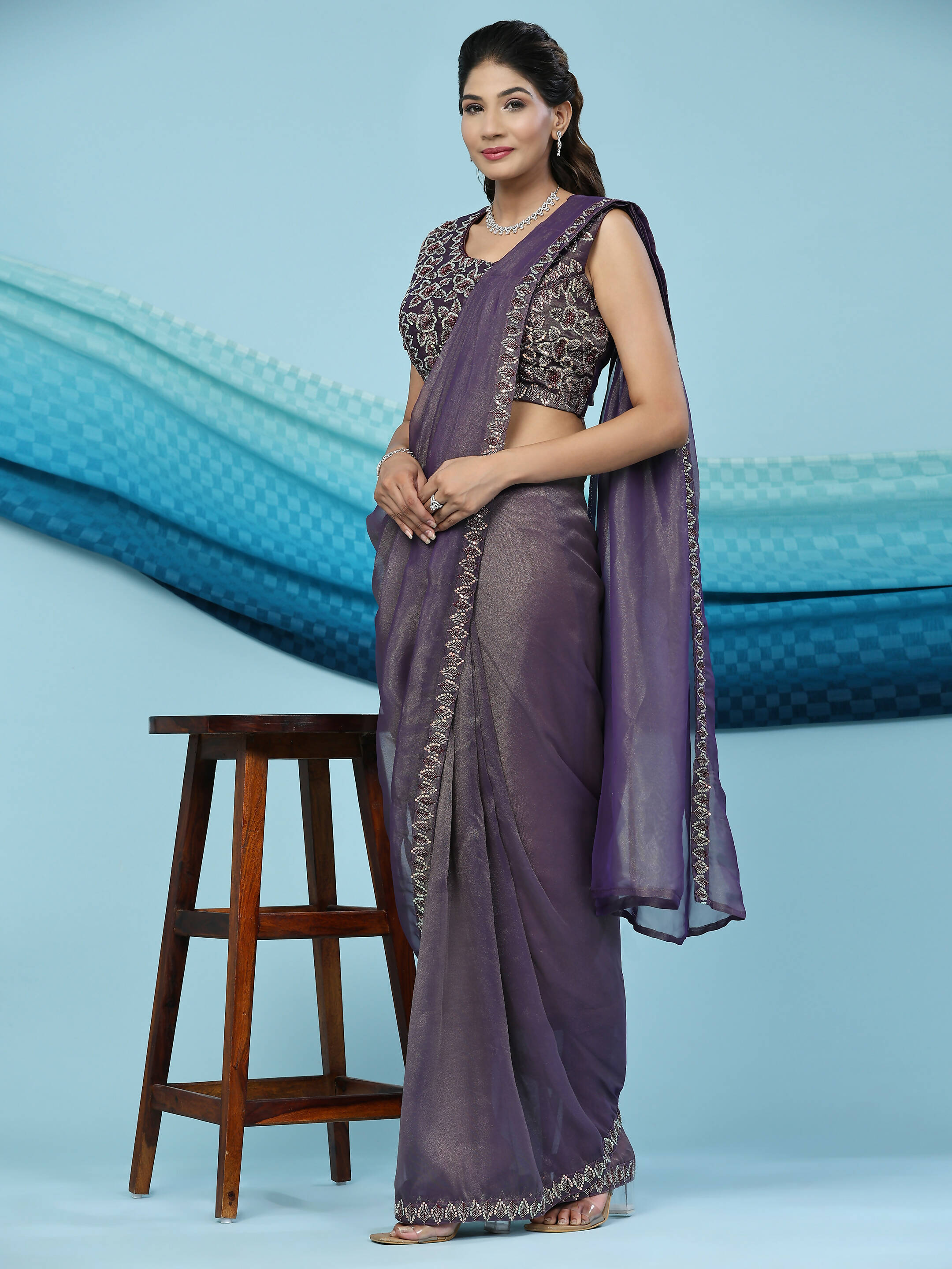 Purple Lycra Shimmer Pattern Ready to Wear Saree with stitched Blouse - Nirvana - Distacart