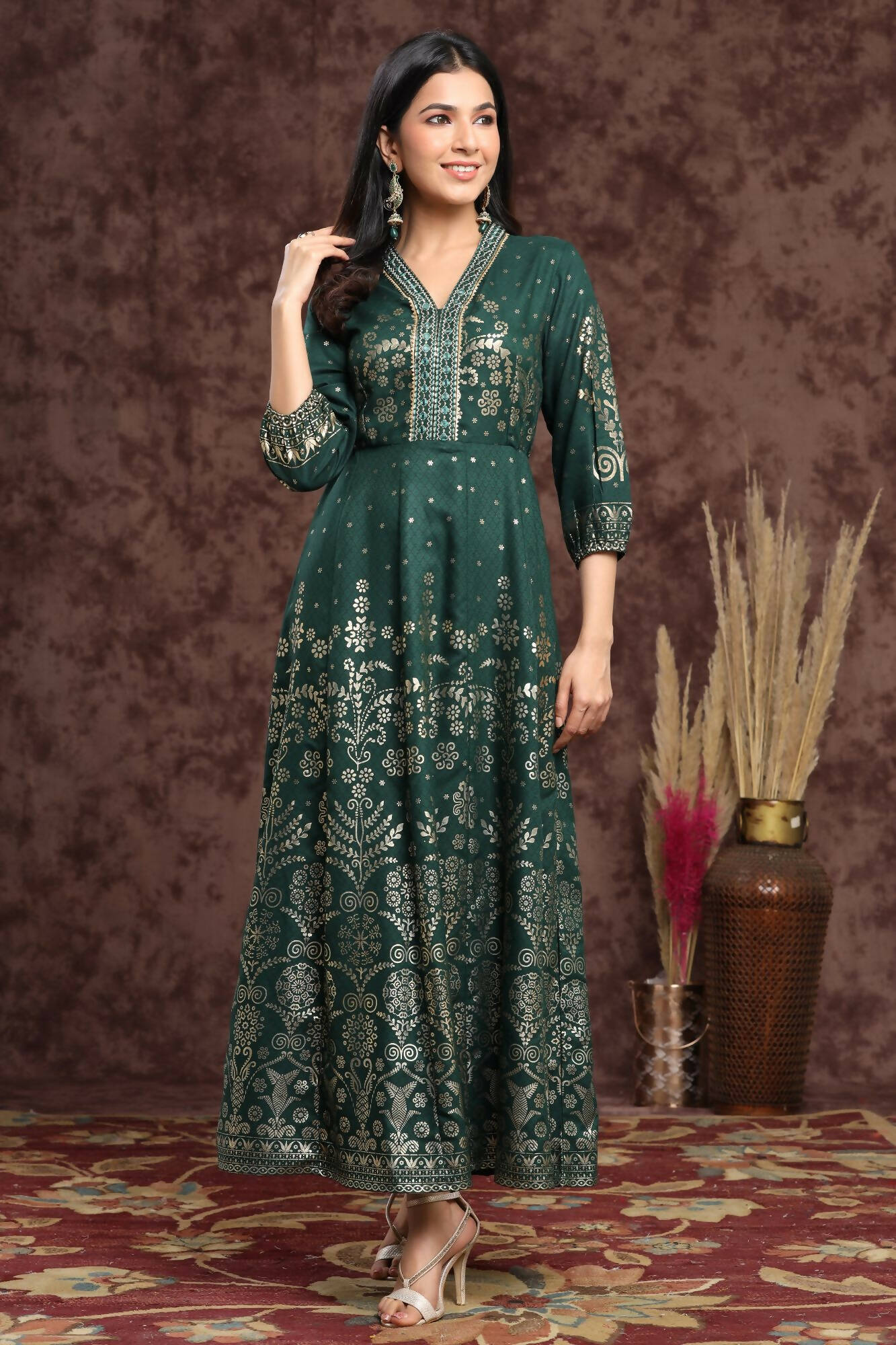 Juniper Women Jadegreen Rayon Printed Anarkali Dress - Distacart