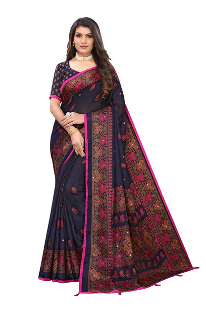 Vamika Blue Color Jute Silk Mirror Work Saree