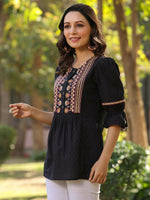 Thumbnail for Juniper Women's Black Cotton Solid With Embroidered Straight Tunic - Distacart