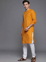 Thumbnail for Manyavar Men Mustard Yellow Pure Cotton Solid Kurta - Distacart