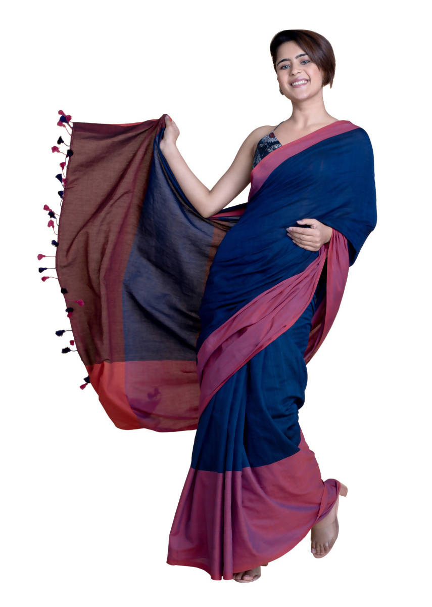 Suta Navy Blue Pink Colourblocked Mul Saree - Distacart