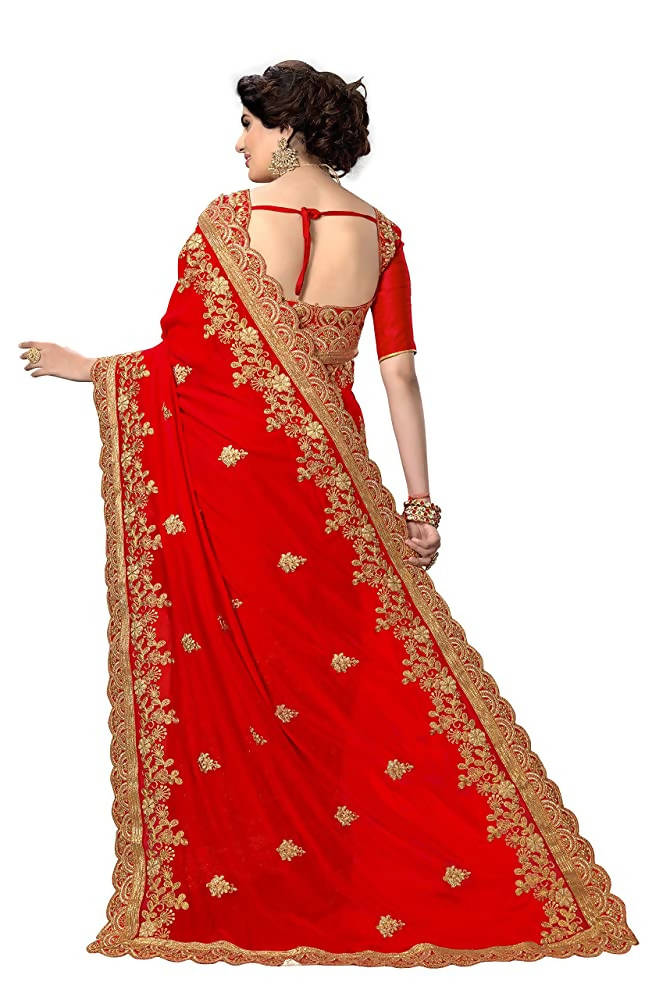 Sarvadarshi Fashion Women's Red Fabric Silk Heavy Work Embroidery Saree With Blouse Piece