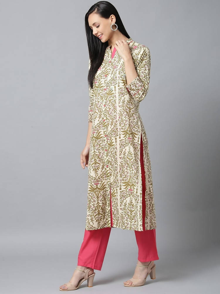 Yufta Women Cream & Pink Printed Kurta with Trouser