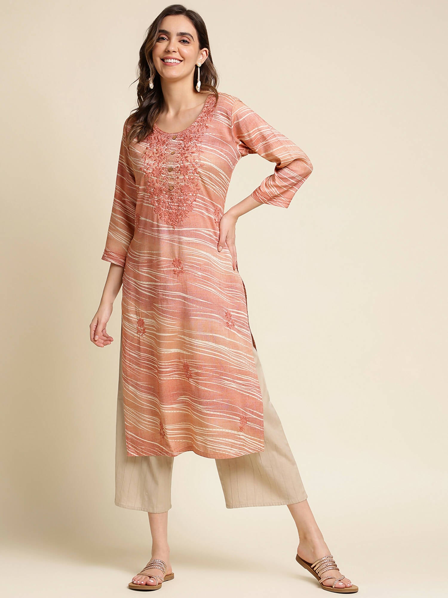 Peach Poly Rayon Stripe Printed Straight Fit Kurta - Prasuti - Distacart