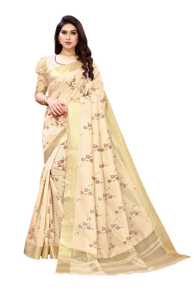 Vamika Cream Color Cotton Polyester Silk Weaving Saree