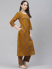 Thumbnail for Ahika Women Olive Brown & Rust Orange Printed Pure Cotton Kurta with Trousers & Dupatta - Distacart