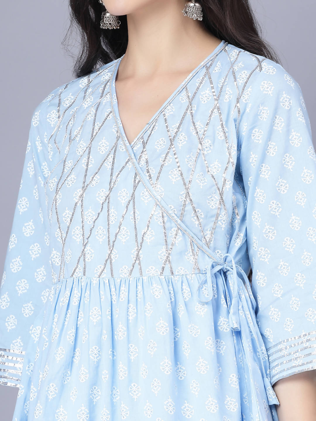 Myshka Cotton Printed 3/4 Sleeve V Neck Turquoise Blue Women Sharara Set - Distacart