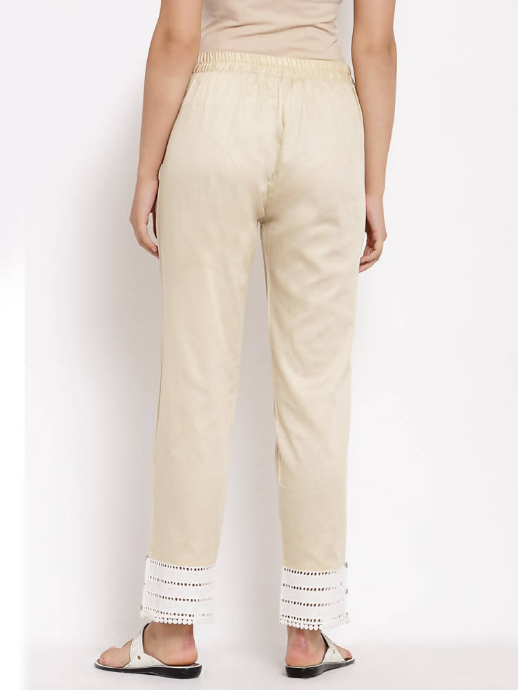 Myshka Beautiful Women's Cream Cotton Solid Casual Trouser