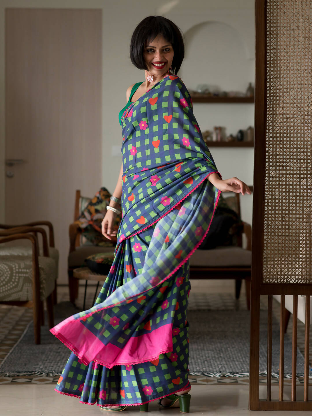 Suta Multi Color Checked Pure Cotton Saree - Distacart
