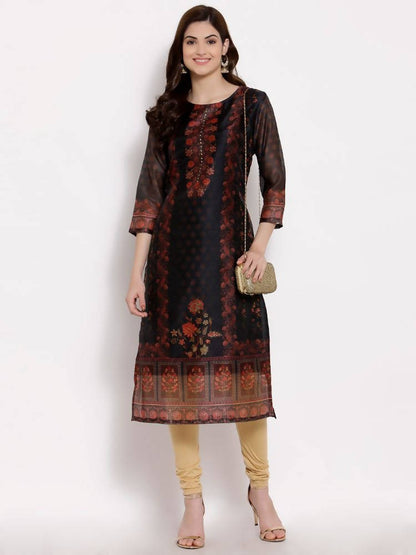 Myshka Women's Multi Chanderi Silk 3/4 Sleeve Round Neck Printed Casual kurta