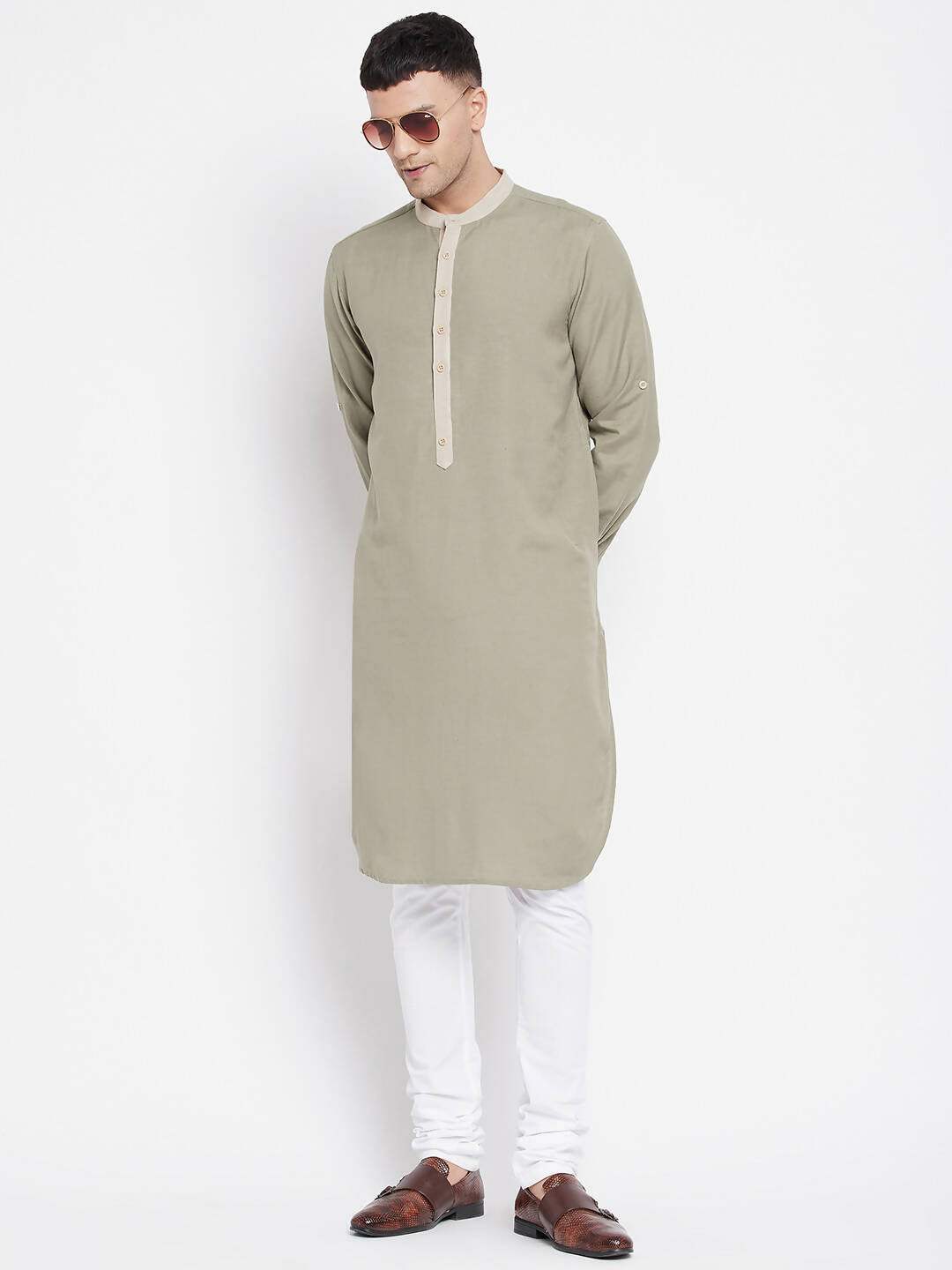 Even Apparels Green Pure Cotton Men's Kurta With Contrast Collar And Placket - Distacart