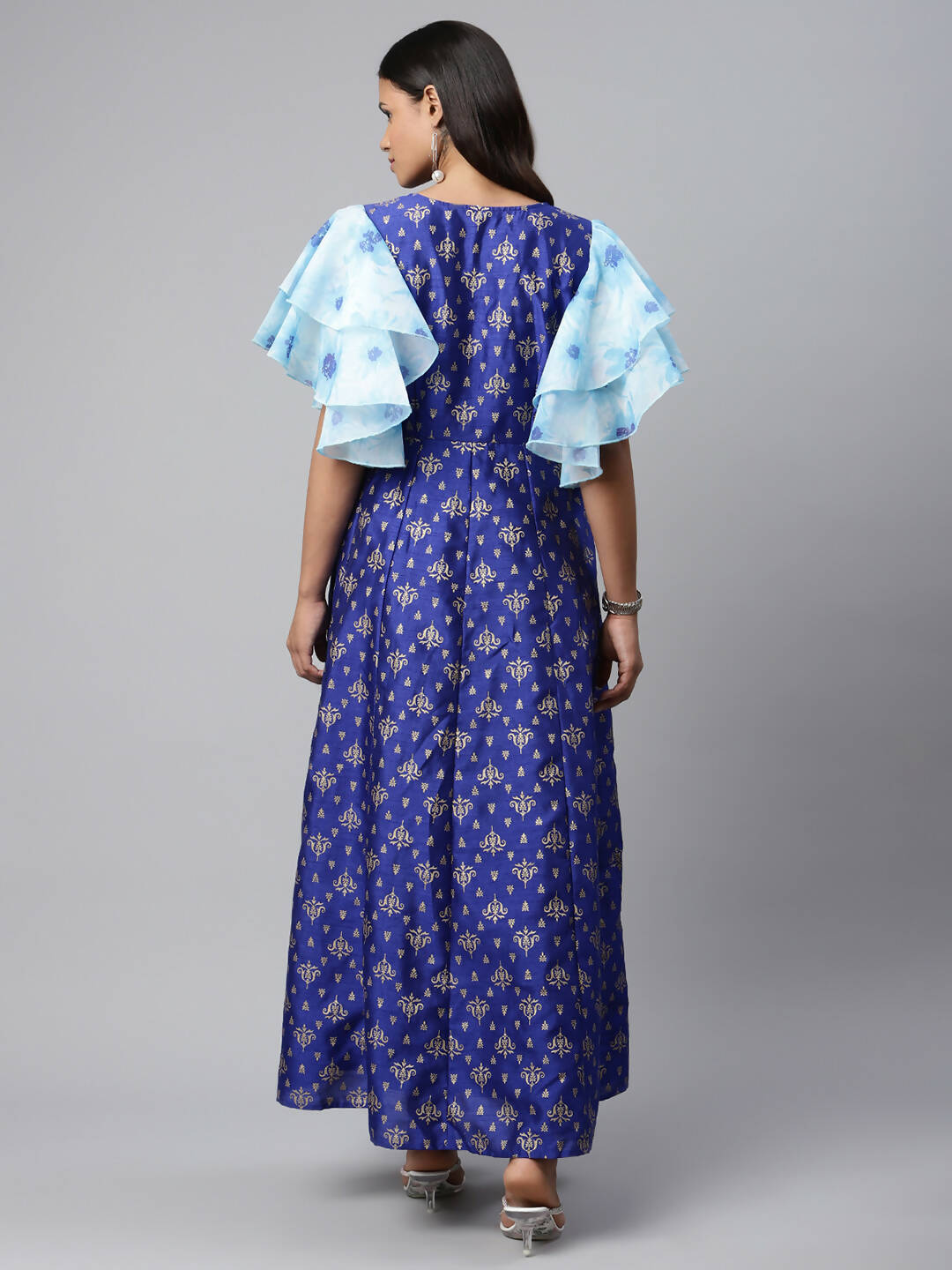 Ahalyaa Women Royal Blue Poly Silk Gold Paste Printed Dress - Distacart