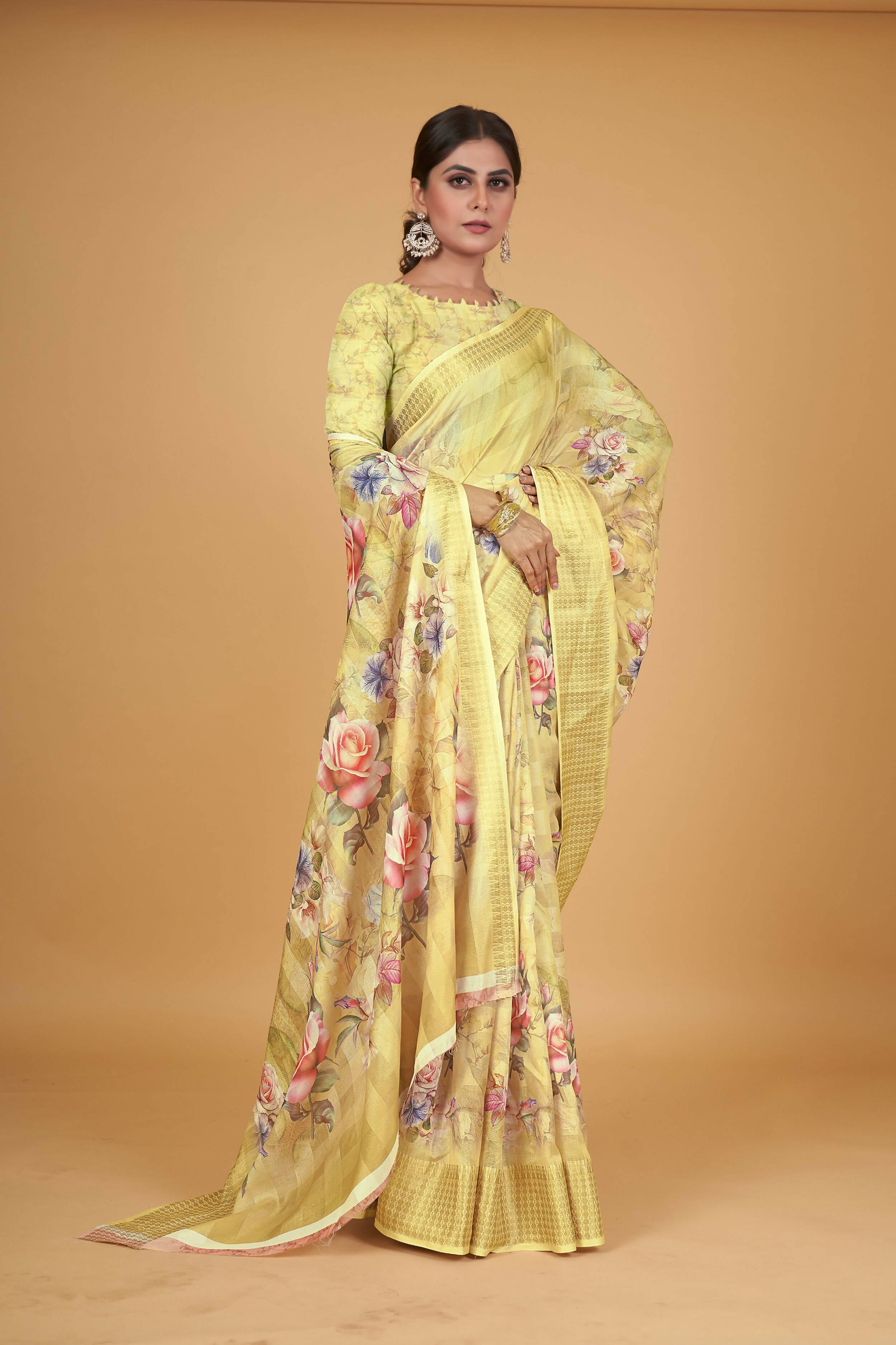Yellow Cotton Silk Digital Printed Saree With Unstitched Blouse Piece - Alisha - Distacart