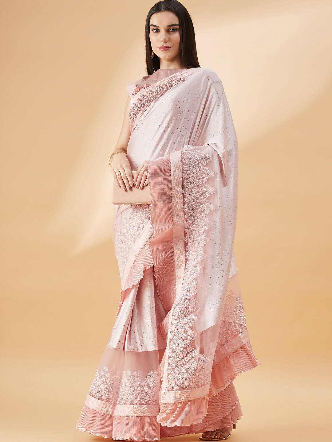 Pink Lycra Frill Details, Hand Embroidered Brooch Saree - Norita Hit Design - Distacart