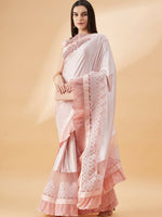 Thumbnail for Pink Lycra Frill Details, Hand Embroidered Brooch Saree - Norita Hit Design - Distacart