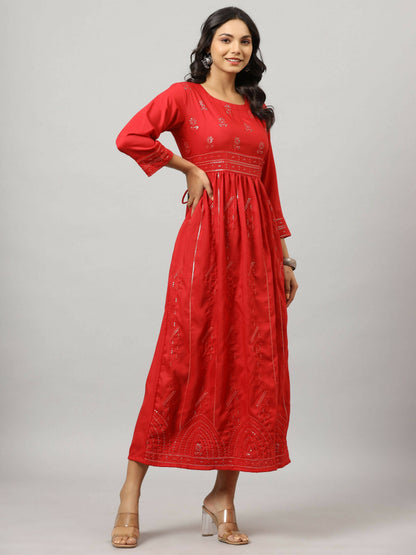 Juniper Women's Red Festive Printed Flared Dress - Distacart