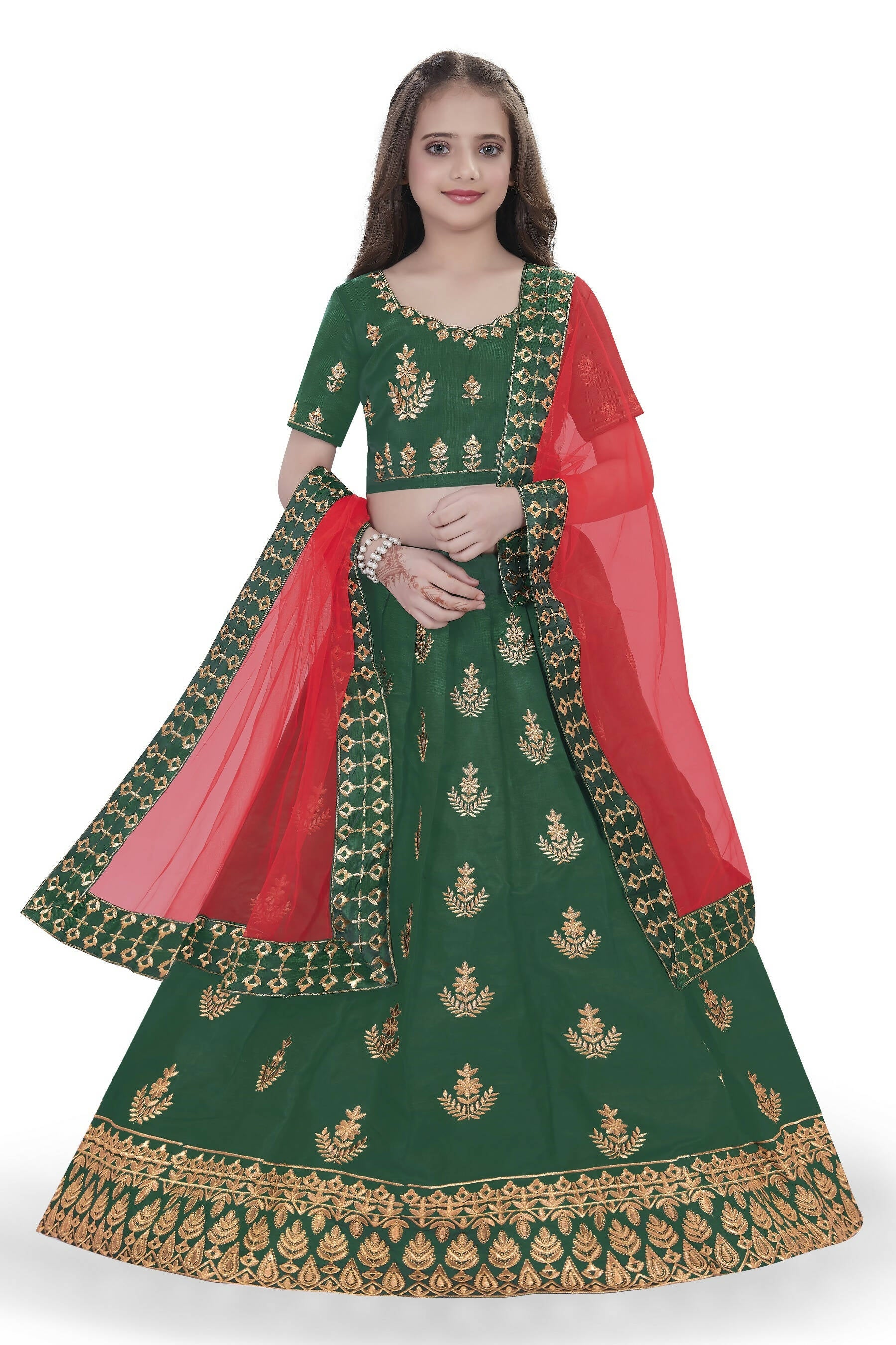 Dwiden Green Kamal Tafetta Sattin Semi-Stitched Girl's Lehenga Choli - Distacart