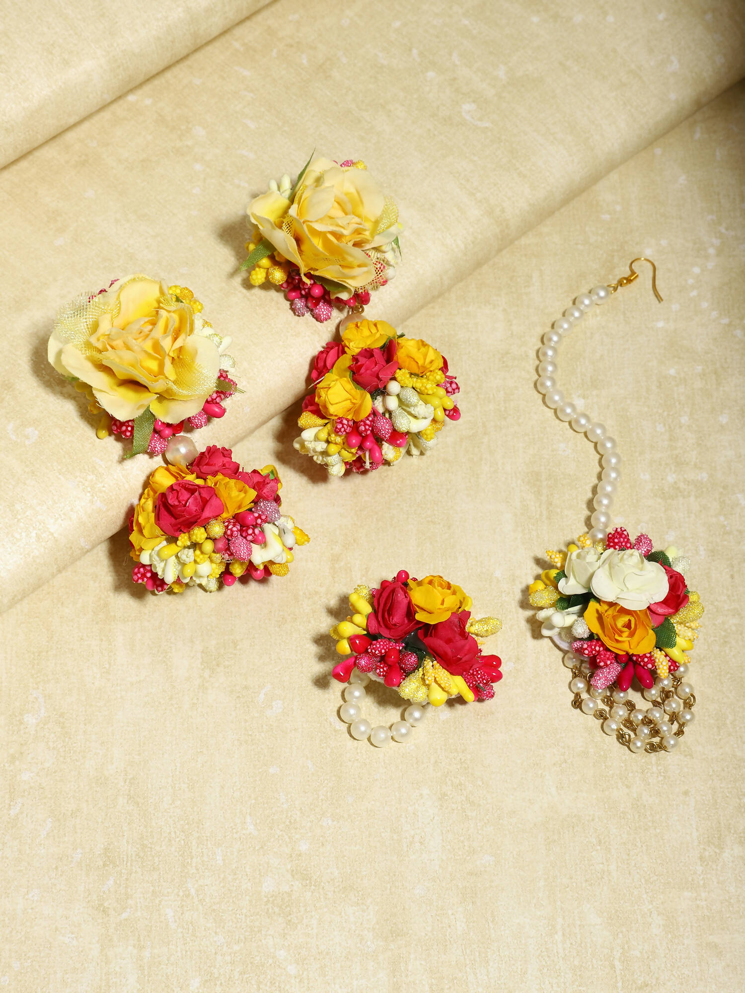 Yellow Pink Beaded Flower Jewellery Set - Ruby Raang - Distacart