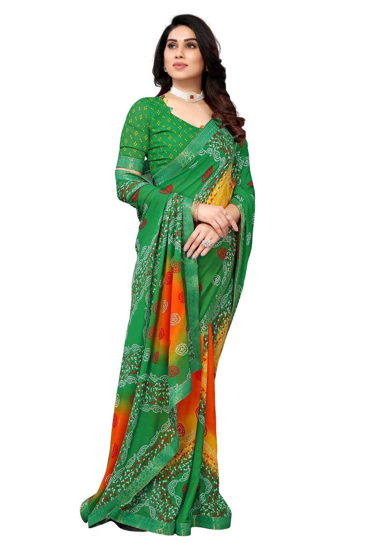 Vamika Beautiful Ethnic Fire Green Printed With Lace Saree - Distacart