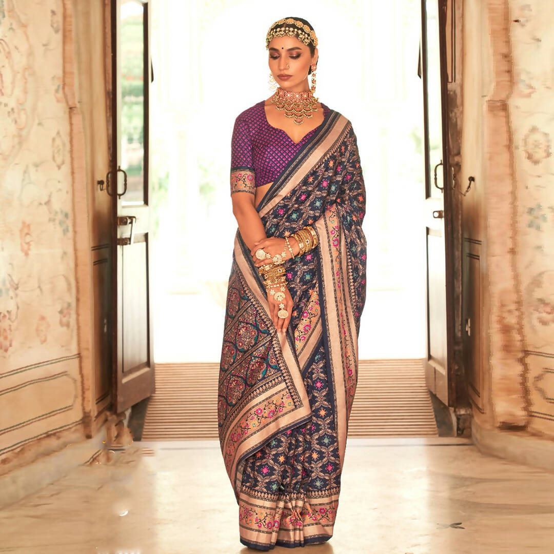 Dark Blue Silk With Banarasi Print Work Saree - Trirath Yamuna - Distacart