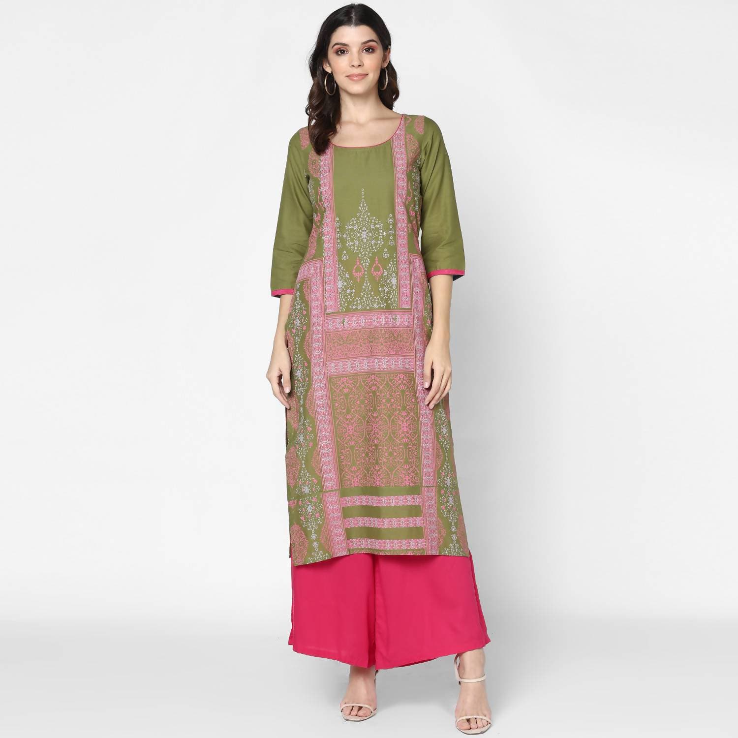 Cheera Hand Block Print Olive Green & Magenta Straight Kurta With Palazzo (MAAI-073K)