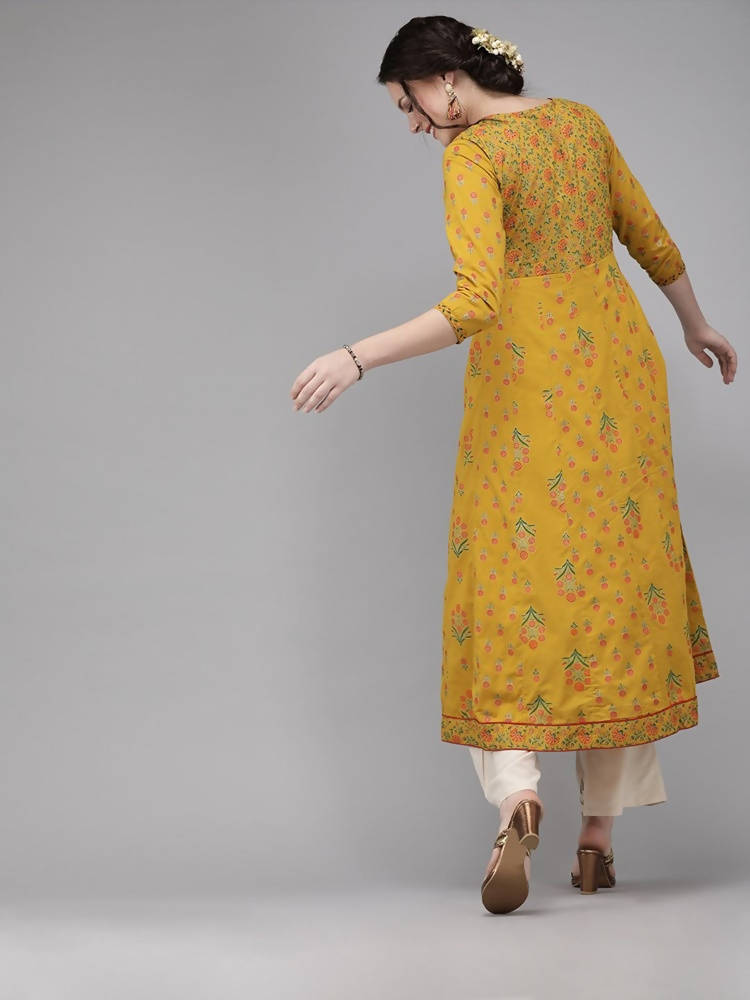 Yufta Women Mustard Yellow & Green Printed A-Line Panelled Kurta