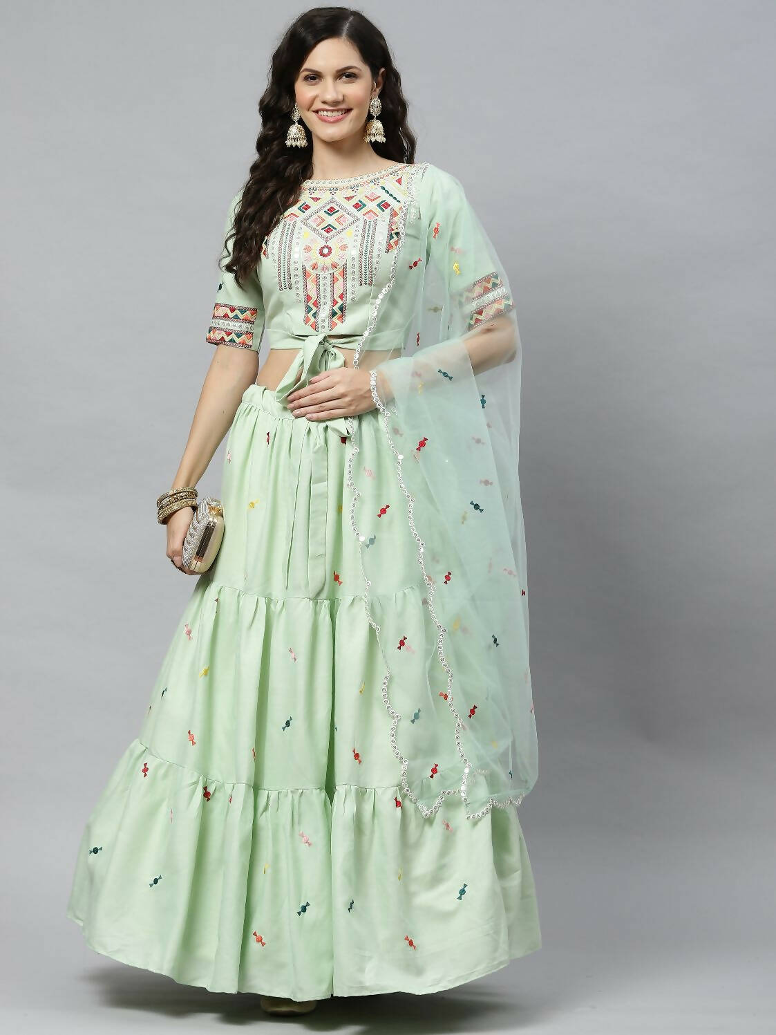 Pista Cotton Embroidered Work Lehenga Choli with Dupatta - Jivika - Distacart