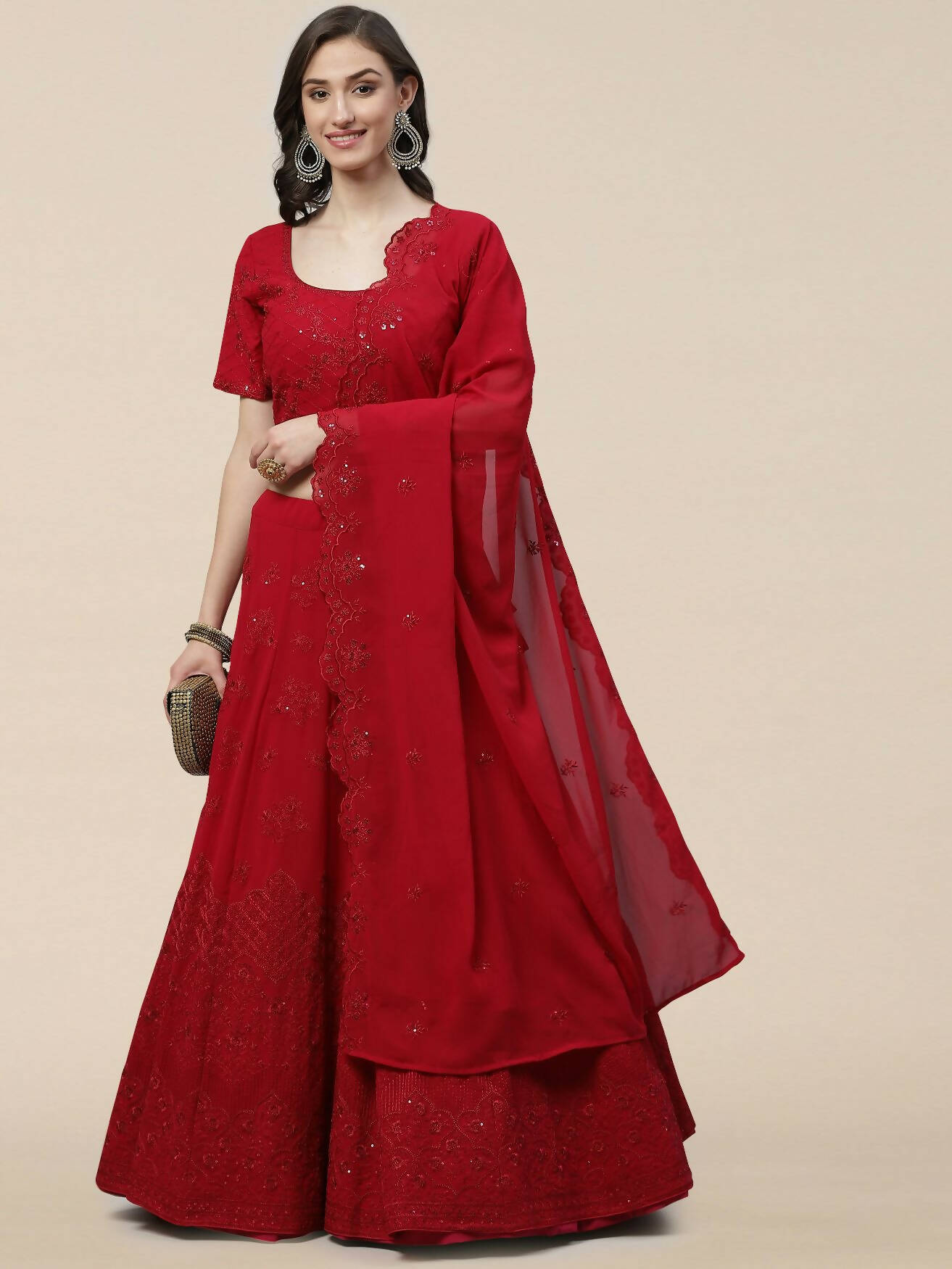 Dark Pink Georgette Thread with Sequins Embroidered work Lehenga Choli with Dupatta - Jivika - Distacart