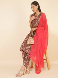 Thumbnail for Janasya Women's Brown Crepe Digital Floral Printed Festive Straight Kurta Set - Distacart