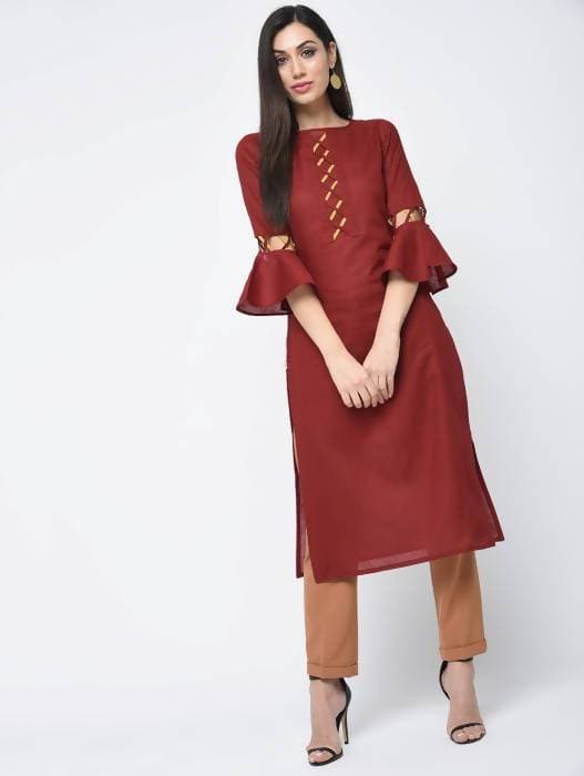 Aniyah Cotton Criss Cross Bell Sleeves Straight Kurta In Maroon (AN-101B)