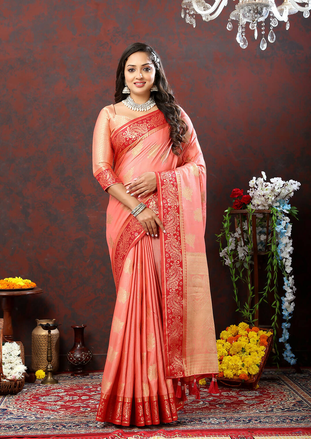 Lorenvalley Fashion Peach Cotton Woven Design with Zari Weaving Design Saree - Distacart