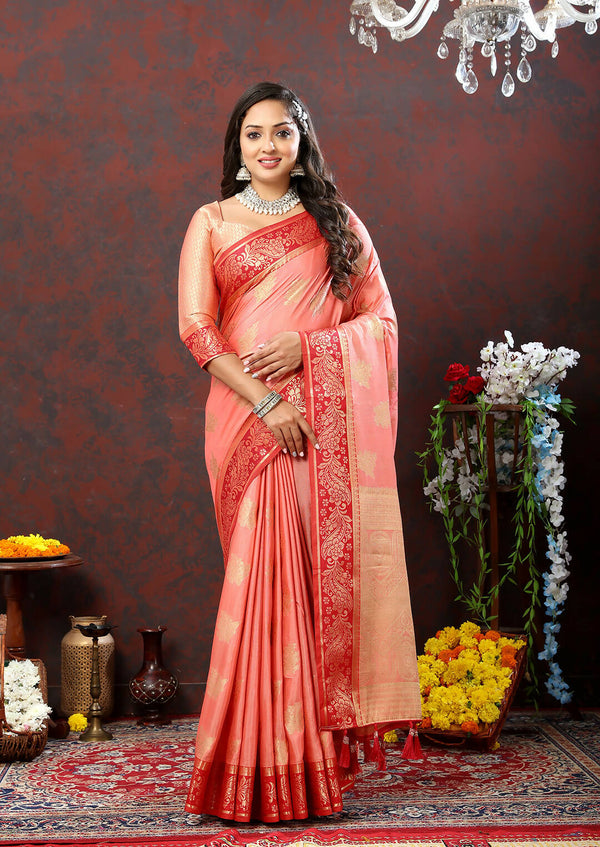 Lorenvalley Fashion Peach Cotton Woven Design with Zari Weaving Design Saree - Distacart