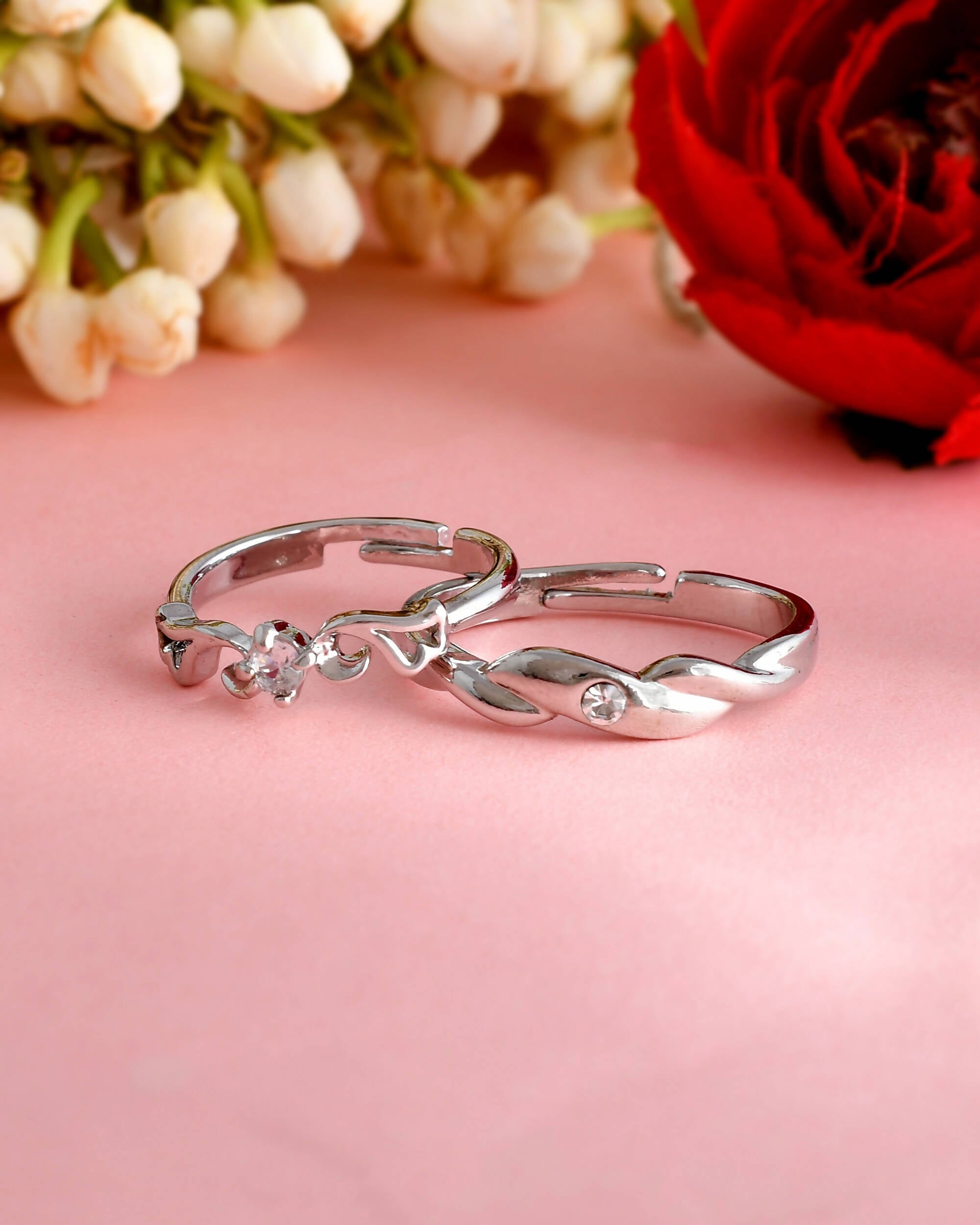 VOJ Stainless Steel Cubic Zirconia Silver Plated Adjustable Ring Set for Couple - Distacart