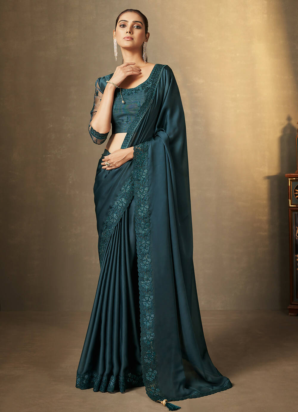 Teal Satin Silk Floral Embroidered with Swaroski Work Saree With Unstitched Blouse Piece - Norita Royal Erisha - Distacart