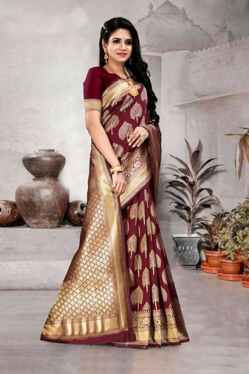 DEIANA'S Beautiful Golden Jari with New Design Soft Lichi Silk Saree - Maroon - Distacart